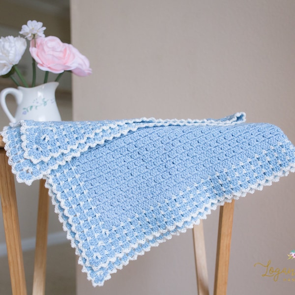 Baby Blanket Crochet PATTERN, Crochet Afghan Pattern, Scallop Edge & Trim, Blue Blanket, White Trim, Picot Stitch