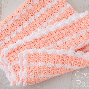 Baby Blanket Crochet PATTERN, Crochet Afghan Pattern, Scallop Edge & Trim, Peaches n' Cream, Pink and White image 1