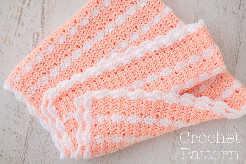 Baby Blanket Crochet PATTERN, Crochet Afghan Pattern, Scallop Edge & Trim, Peaches n' Cream, Pink and White image 1