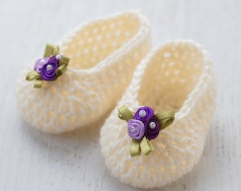 Baby Slippers Crochet PATTERN, Crochet Baby Shoes, Crochet Baby Flats, Crochet Booties, Crochet Socks, Purple Flowers, Pink Bow, Ribbons