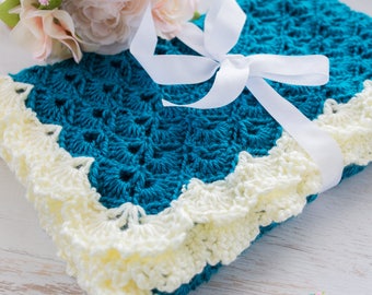 Blanket Crochet PATTERN, Crochet Afghan Pattern, Scallop Lace Edge & Trim, Teal Blanket, Cream Trim, Lace Finish