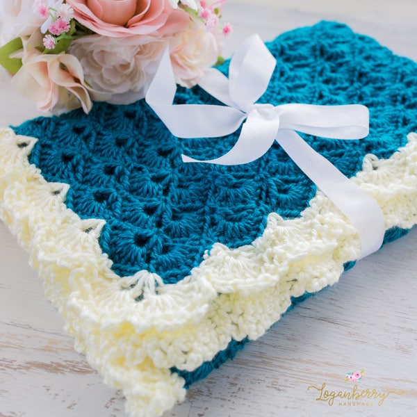 Blanket Crochet PATTERN, Crochet Afghan Pattern, Scallop Lace Edge & Trim, Teal Blanket, Cream Trim, Lace Finish