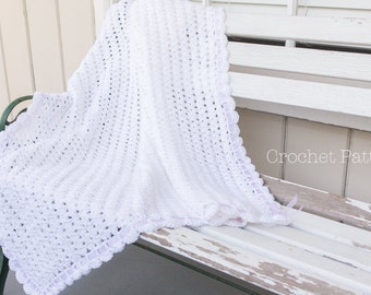 Baby Blanket Crochet PATTERN, Crochet Afghan Pattern, Scallop Edge & Trim, White Blanket, Purple Ribbon