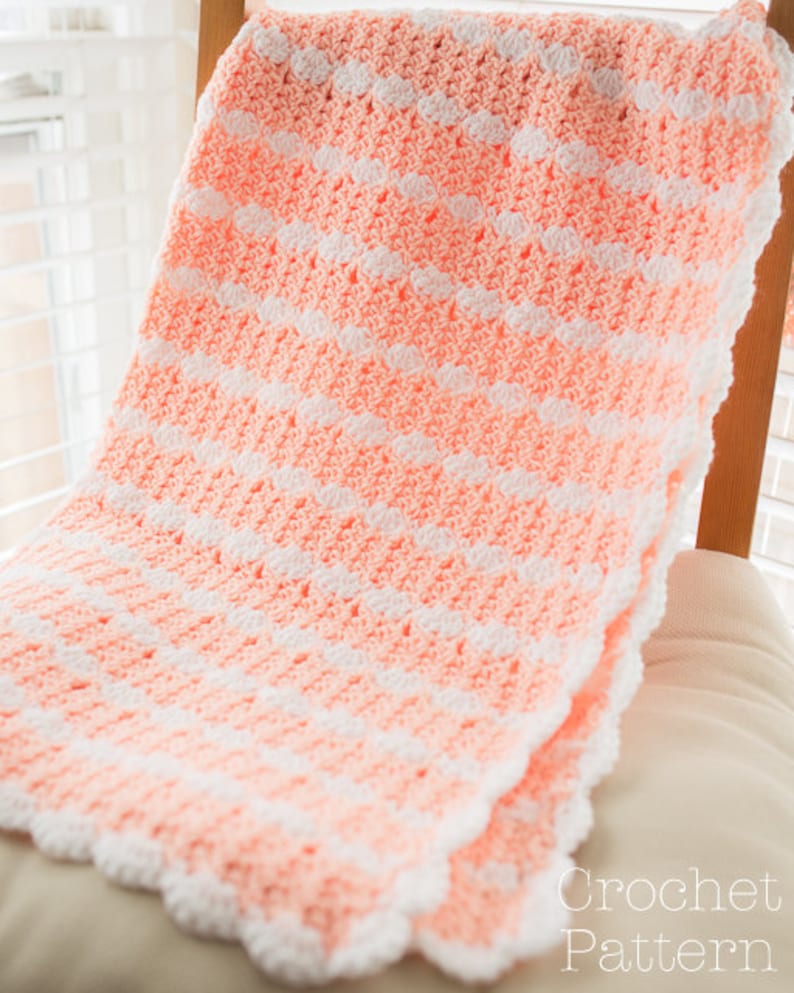 Baby Blanket Crochet PATTERN, Crochet Afghan Pattern, Scallop Edge & Trim, Peaches n' Cream, Pink and White image 4
