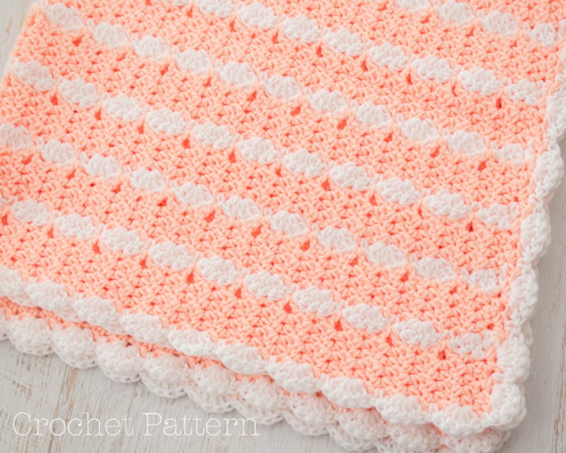 Baby Blanket Crochet PATTERN, Crochet Afghan Pattern, Scallop Edge & Trim, Peaches n' Cream, Pink and White image 2