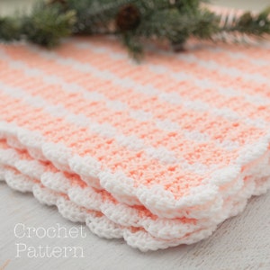 Baby Blanket Crochet PATTERN, Crochet Afghan Pattern, Scallop Edge & Trim, Peaches n' Cream, Pink and White image 3