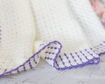 Baby Blanket Crochet PATTERN, Crochet Afghan Pattern, Scallop Edge & Trim, Cream Blanket, Purple Trim, Picot Stitch