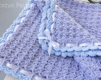 Baby Blanket Crochet PATTERN, Crochet Afghan Pattern, Scallop Edge & Trim, Grey Blanket, Blue Trim, Blanket with Bow