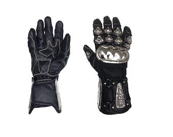 Black Biker Gloves with Silver Knuckle Armor, Long Cuff Gloves, Motorcycle Inspired Gothic Gloves, Armored Costume Accessories