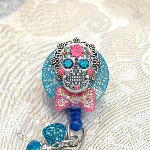 Sugar skull badge reel, holder,skeleton bow nursing radiology bling stones lanyard retractable id magnetic option Gump sss