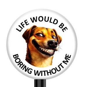 May include: A white button with a black border and the text "Life would be boring without me" in black. A brown and white dog with a big smile is in the center of the button.