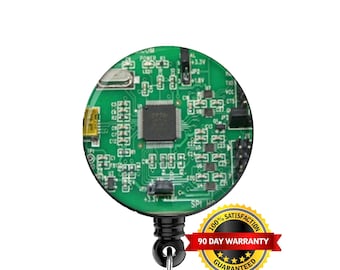 May include: A green and black retractable badge holder with a printed image of a circuit board. The badge holder has a clear plastic clip and a black retractable cord. The badge holder has a 90-day warranty.
