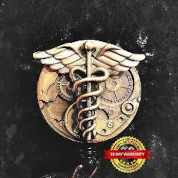 Steampunk caduceus pendant retractable badge reel original unique gift idea medical symbol bronze holder metal pendant male guy ER cath lab