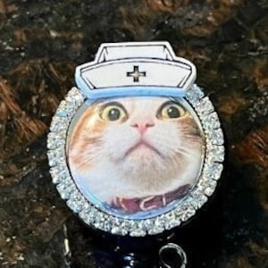 Cute cat Badge Reel, Stethoscope id tag, nurse funny medical doctor nursing rhinestone nurse hat lanyard, Gump Art magnetic option white hat