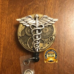 Badge reel Steampunk caduceus pendant retractable unique gift idea medical symbol bronze holder metal pendant male guy ER cath lab gump