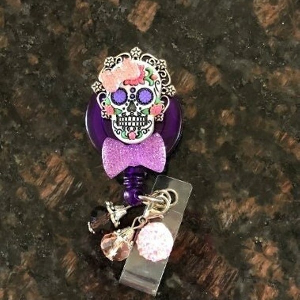 Sugar skull Nurse badge reels,day of the dead heart,id holder,medical assistant,bling bow rhinestones jewelry magnet back option sss