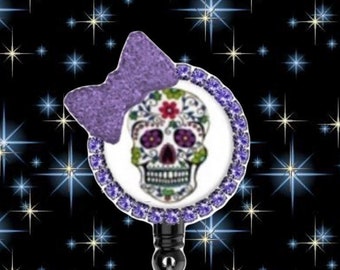 Portatarjetas de enfermera con calavera de azúcar, etiqueta de identificación de estetoscopio, tarjetero retráctil para profesor, opción magnética, cordón del día de los muertos, arte de Gump Etsy ER