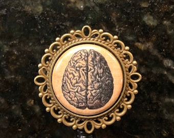 Vintage brain image Retractable Badge Reel brain drawing nurse id neuro surgeon gump creation brown paper rhinestone bow heart girl