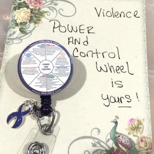 Power and control retractable badge reel, social worker ER nurse screening tool, Purple awareness ribbon, teen domestic violence,#METOO gump