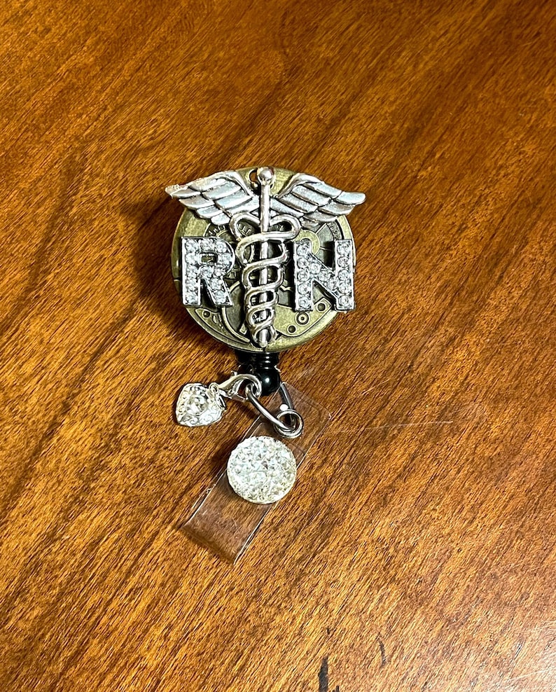 RN Rhinestone Steampunk Retractable Badge Reel Caduceus Pendant Jewelry