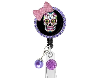 Portatarjetas retráctil con forma de calavera de azúcar, placa de identificación de enfermera, Día de Muertos