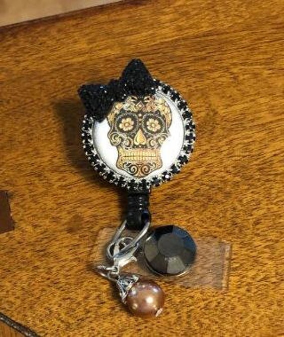 Sugar Skull Badge Reel, Rhinestone Bling Bow, Nurse Medical ID Tag
