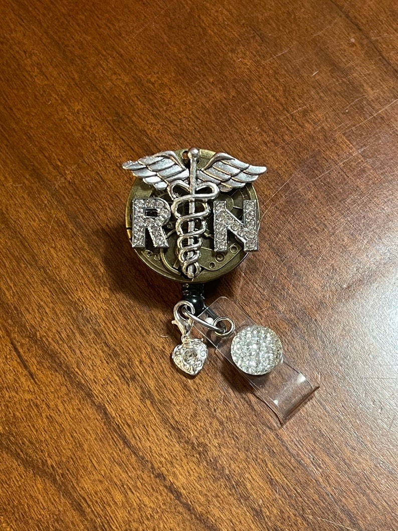 RN Rhinestone Steampunk Retractable Badge Reel Caduceus Pendant Jewelry