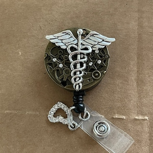 Bling Steampunk stars caduceus pendant retractable badge reel unique gift idea medical symbol bronze holder metal pendant cath lab gump