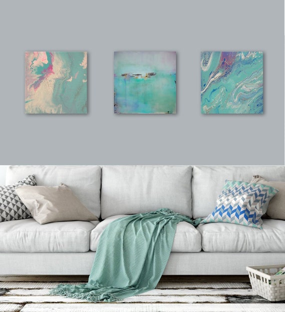 3 12x12 Abstract Canvas Prints, Coastal Wall Art, Abstract Landscape, Pour  Painting, Metallic Fluid Art,teal Art,set of 3 Prints,boho Style 