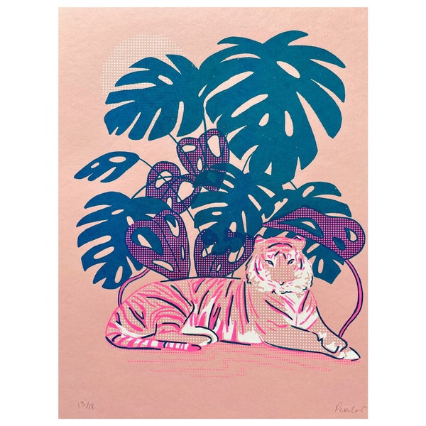 Pink Tiger Plant three layer screenprint original art