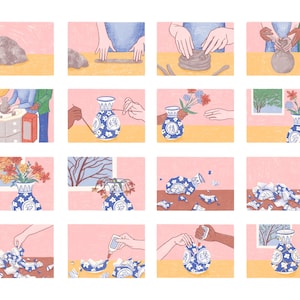 May include: A step-by-step illustration showing the process of making a blue and white ceramic vase. The illustration shows the process from the clay to the finished product, including the vase being broken and then repaired.