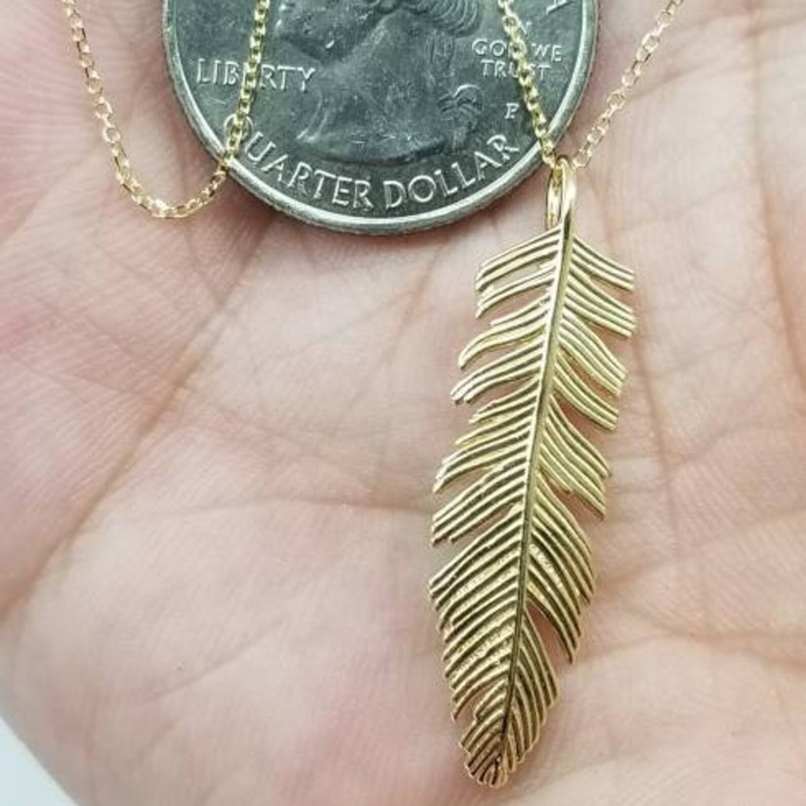 14K Yellow Gold Feather Charm / Pendant With Chain Etsy
