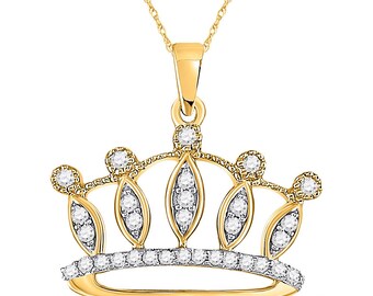Royal 10k Yellow Gold Blue Sapphire and Diamond Tiara Charm Crown Pendant Necklace 