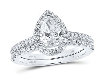 The Diamond Deal 14kt White Gold Pear Diamond Halo Bridal Wedding Ring Band Set 1-1/2 Cttw