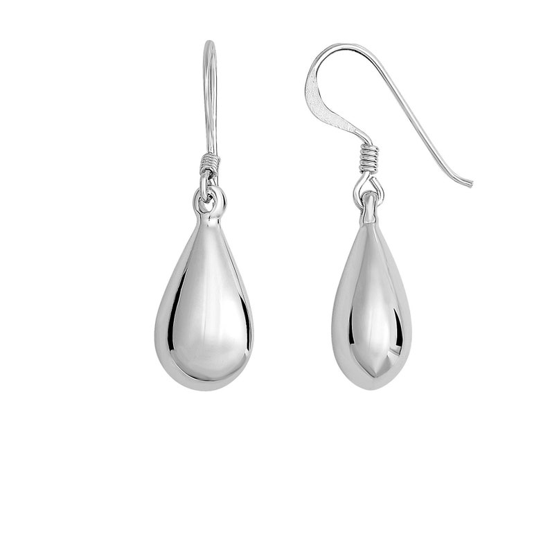 Silver with Rhodium Finish Shiny Puffed Tear Drop Dangle Earring