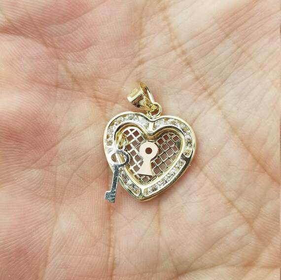 Solid 14K Tri-Color Gold Round Heart Charm Love Pendant Necklace