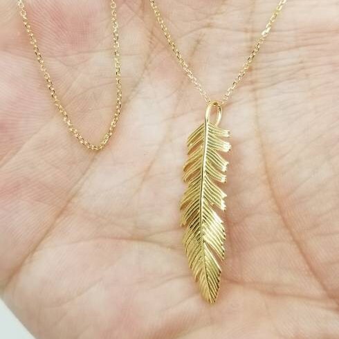 14K Yellow Gold Feather Charm / Pendant With Chain | Etsy