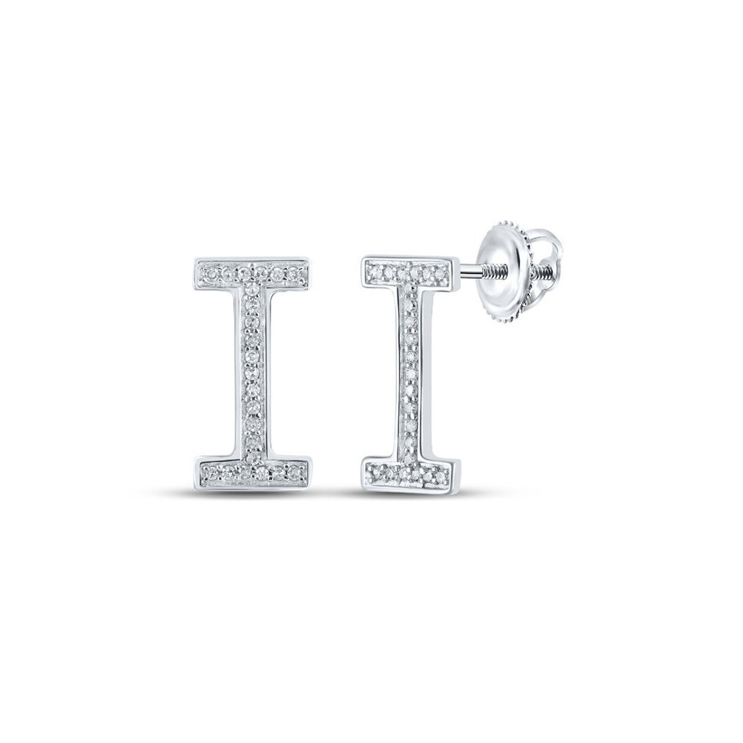 10kt White Gold Womens Round Diamond I Initial Letter Earrings - Etsy