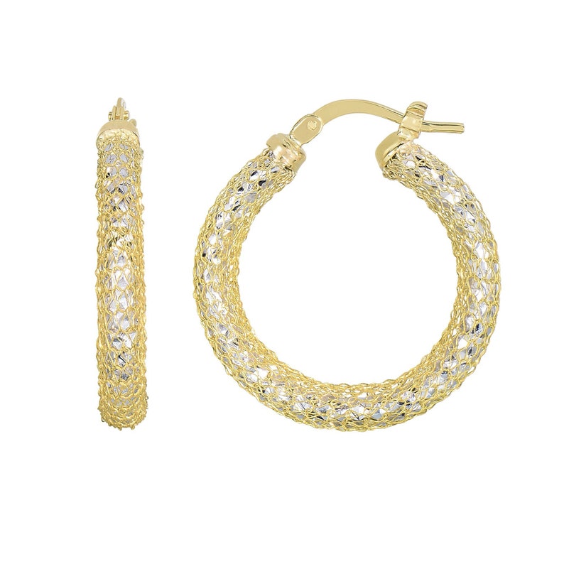 14K Yellow+White Gold Diamond Cut Mesh Like Fashion Sparkle Round Hoop Earring with Hinged Clasp
