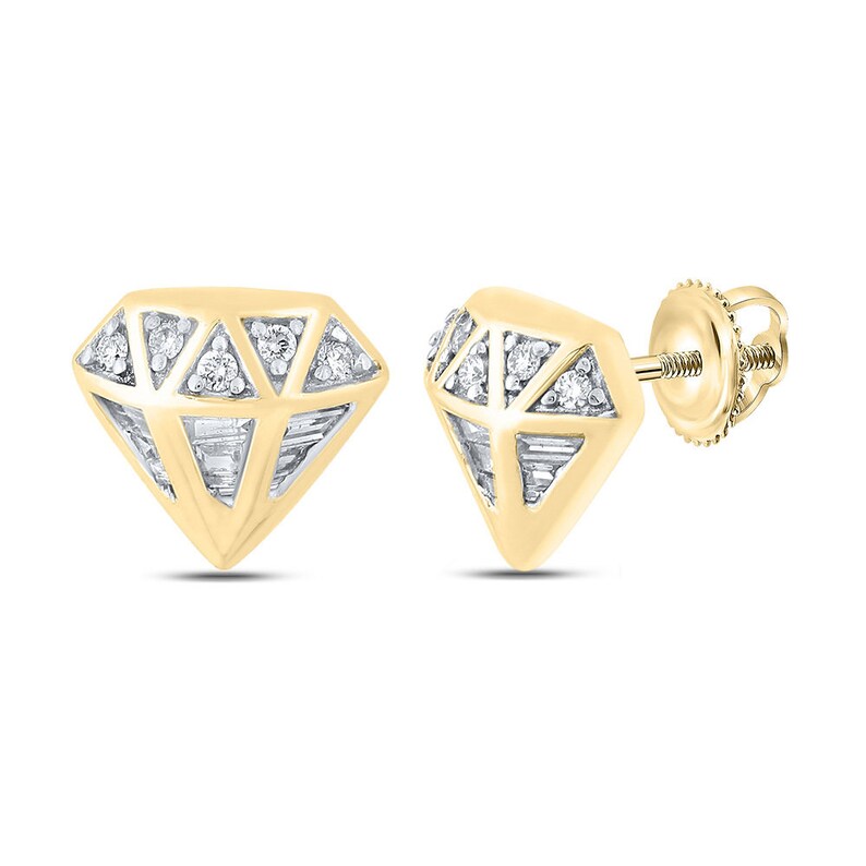 Yellow Gold Mens Baguette Diamond Gem Earrings