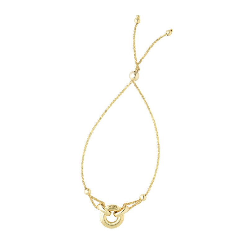 14K 9.25 Yellow Gold 1mm Diamond Cut Round Wheat Bracelet with Ring Anchored to Loop Center Element with Draw String Element #N4210