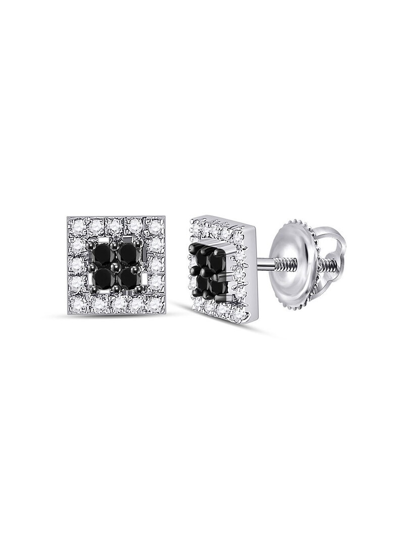 1/4 Cttw. Jewel Tie Solid 10k White Gold Round Black Diamond Square Cluster Screwback Earrings 1/4 Cttw. Jewel Tie Solid 10k White Gold Round Black Diamond Square Cluster Screwback Earrings