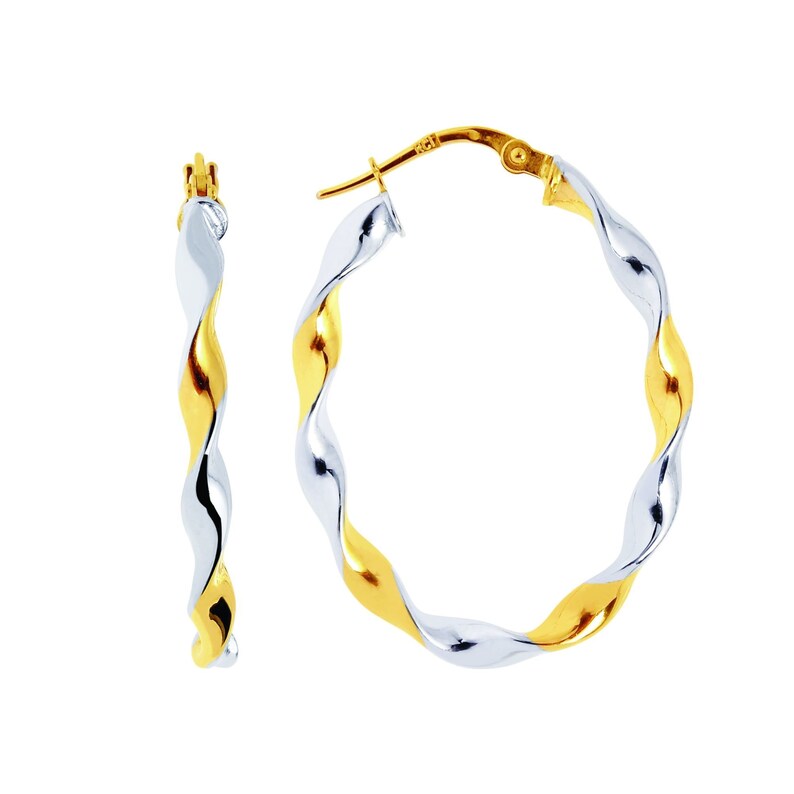 14K Yellow+White Gold Shiny Two Tone Twisted Large Oval Hoop Earring with Hinged Clasp