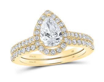 The Diamond Deal 14kt Yellow Gold Pear Diamond Bridal Wedding Ring Band Set 1-1/2 Cttw