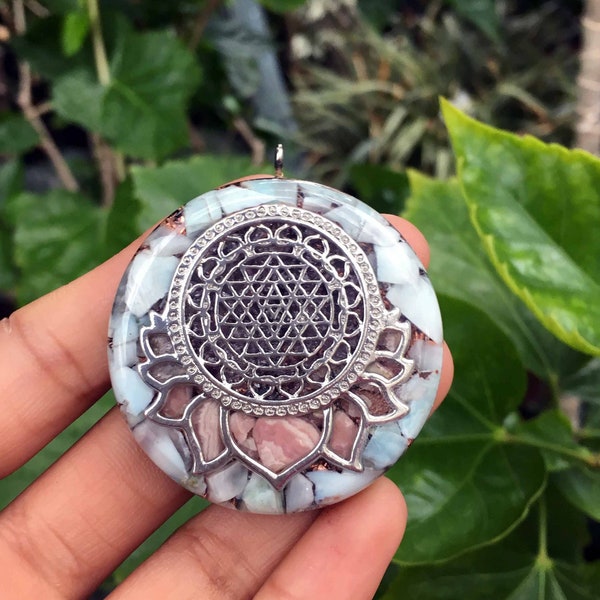 Sri Yantra Mandala with Larimar and Rhodochrosite Orgonite® Pendant | Black Tourmaline | Elite shungite | EMF Protection