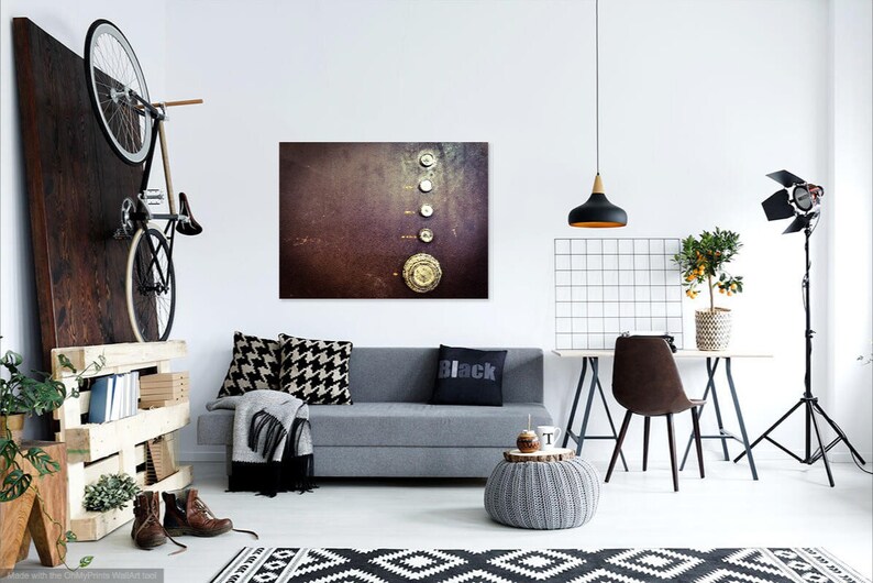 Puede incluir: Un interior de sala de estar moderno con un sof&aacute; gris, una alfombra con estampado en blanco y negro, un estante de madera con una bicicleta colgada, una l&aacute;mpara colgante negra, un peque&ntilde;o &aacute;rbol en maceta y una impresi&oacute;n de lienzo enmarcada con un fondo oxidado y cinco objetos met&aacute;licos circulares.