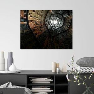 May include: A black and white abstract photograph of a spiral staircase with a light at the end of the tunnel.