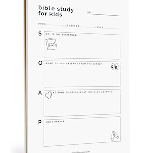 May include: A white Bible study journal for kids with the text "bible study for kids." The journal includes sections for writing scripture, observations, actions, and prayers. Illustrations include a Bible, eyes, a heart, and praying hands.