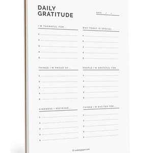 May include: A white Daily Gratitude journal with a brown spine. The journal features prompts to list things one is thankful for, proud of, and excited for. The text "DAILY GRATITUDE" is at the top of the page.