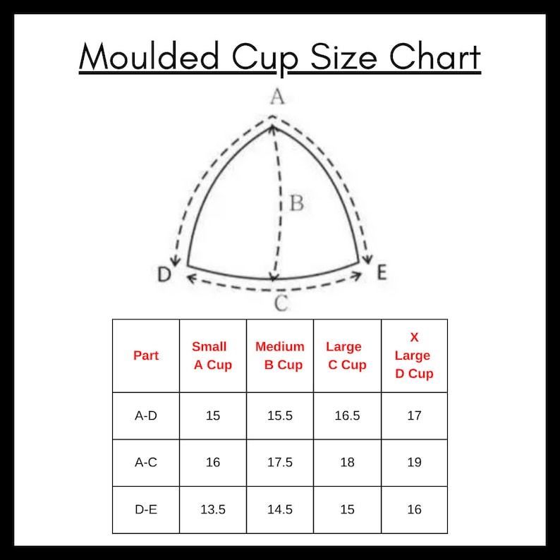 May include: A chart showing the different sizes of molded cups for bras. The chart shows the measurements for small, medium, large, and extra large cups. The measurements are in inches.